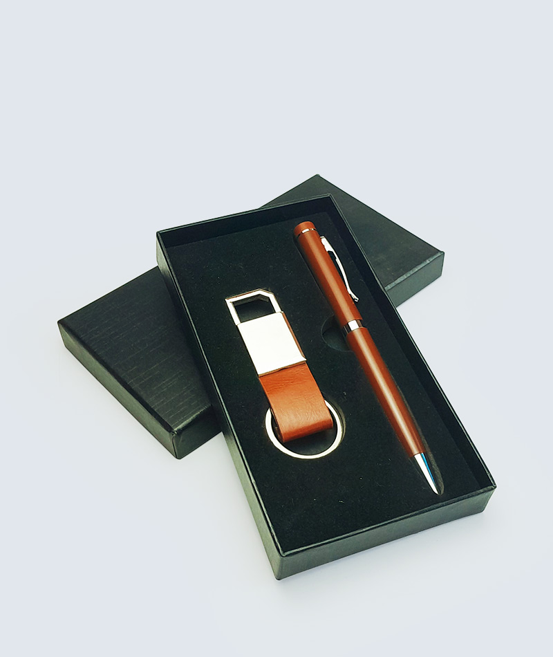 Corporate Gift Set with Metal Keychain and Brown Metal Ball Pen