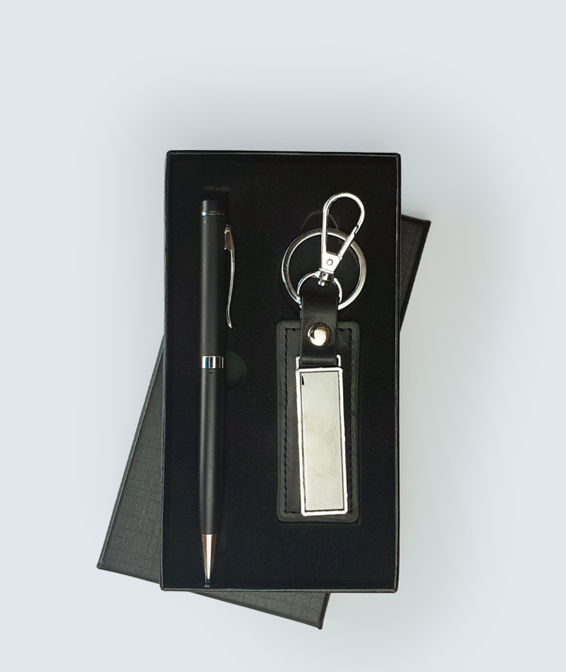 Business Gift Set with Leather Keychain and Black Metal Ball Pen