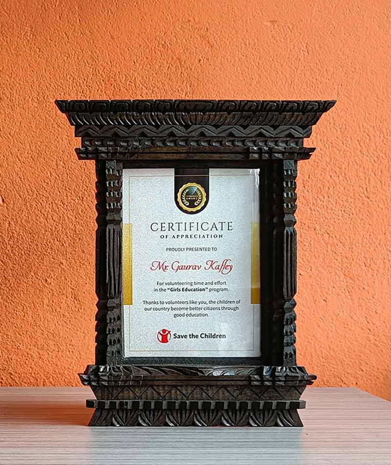Handmade wooden photo frame A5 size, Nepali design with certificate