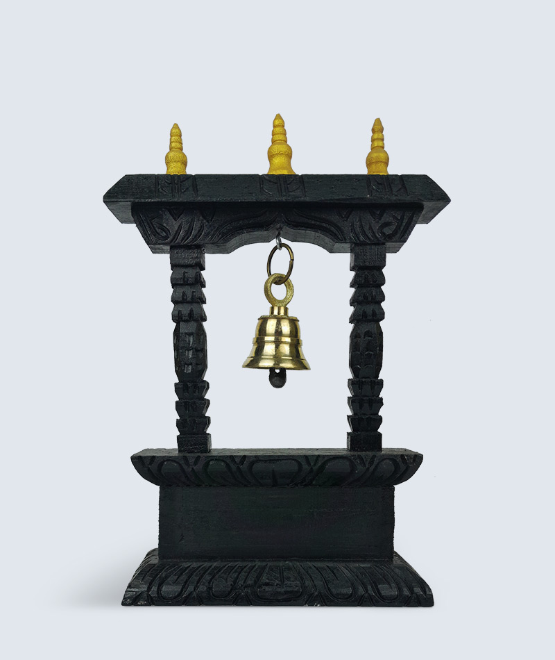 Nepali wooden shrine with hanging brass bell