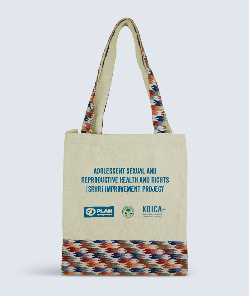 Canvas tote bag with Nepali Dhaka mix handle and zipper closure