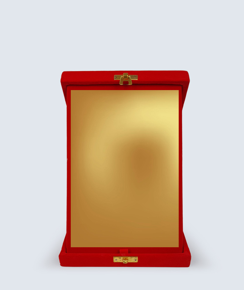 Red velvet box open showing metal plate