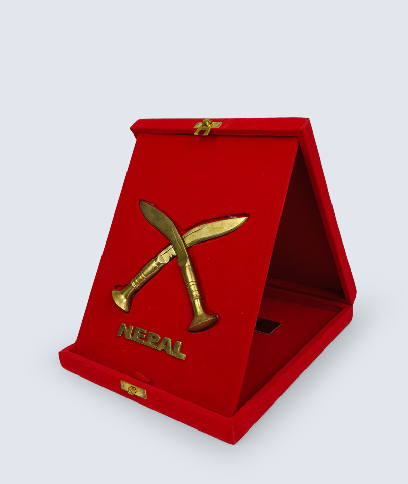 Red velvet box with brass kukri emblem, medium size